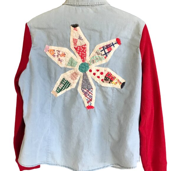 Upcycled Denim Shirt Jacket (M-L): Vintage Quilt Patchwork, Waffle Knit Sleeves - Picture 8 of 12